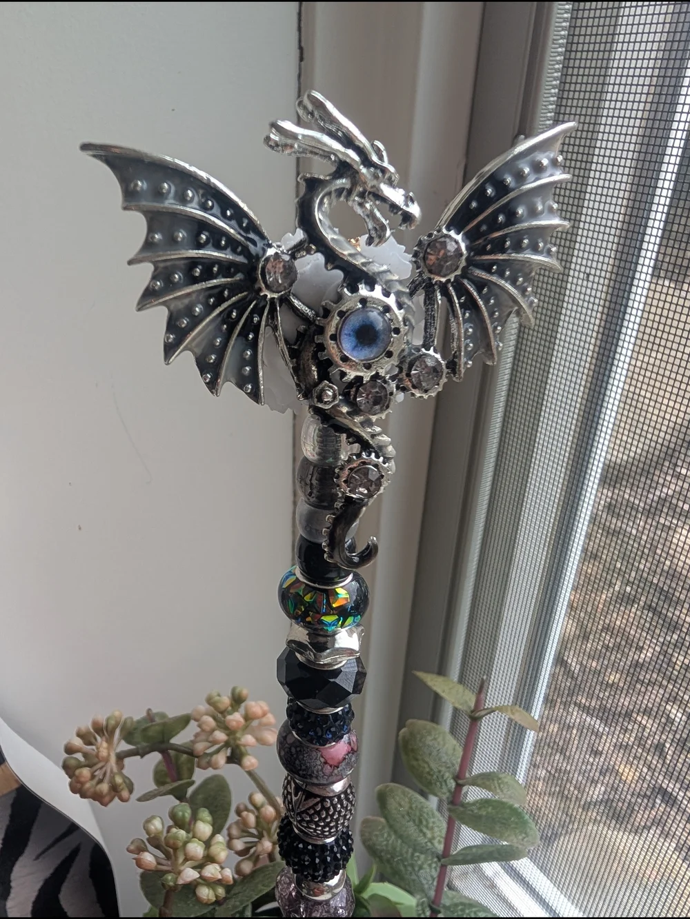Hand Made Fairy Wand/Plant/Garden Stake W/Metal Dragon Topper